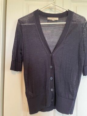 LOFT Navy Short-Sleeve V-Neck Button Cardigan sheer V-Neck button close